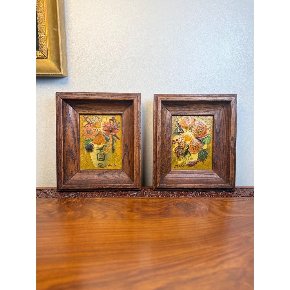 Vintage Gerda Berne Botany Arts Studio Botanical Mixed Media Art Pair Signed